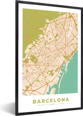 Produktbild von MuchoWow® Gerahmtes Poster Karte - Barcelona - Stadtplan - Vintage 20x30 cm - Poster mit Schwarzem Bilderrahmen Wandposter Rahmen Foto Bilder - Drucken - Bilder Poster im Rahmen