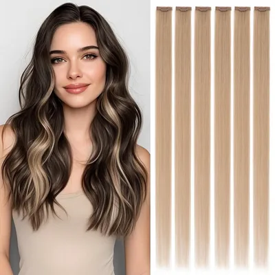 Obrázek produktu pro Prodlužování vlasů, přírodní vlasy, klipsy, 6 pramenů, blond, 25 cm, 31 g, Remy, rovné