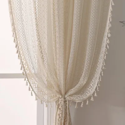 Obrázek produktu pro Záclona boho háčkovaná - 2 panely - 213 cm - Béžová - Propustná pro světlo, do obývacího pokoje a ložnice