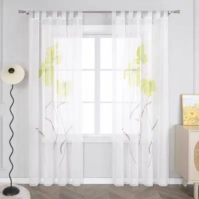 Produktbild von Joyswahl Vorhang mit Schlaufen Voile Modern Gardinen Fensterschals mit handgesprühten Blumen Transparent Schlafzimmer Wohnzimmer Grün HxB 225x150cm 1 Stück