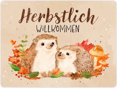 Produktbild von Igel Paar Metallschild XL in 21x28 cm mit Spruch Herbstlich Willkommen