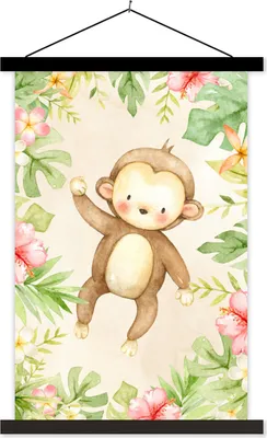 Produktbild von MuchoWow® Textilposter Affe - Blumen - Pflanzen - Dschungel 60x90 cm mit schwarzem Rahmen - Poster Wohnzimmer