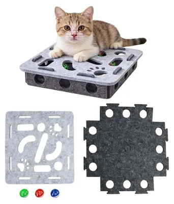 Imagen del producto de Alfombrilla de fieltro para gatos con 3 cascabeles, interactiva, con una pelota integrada, para gatos