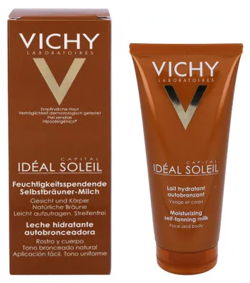 Produktbild von Vichy Idéal Soleil, Lotion, Gesicht & Körper, 100 ml, Röhre, Feuchtigkeitsspendend, Aqua, Glycerin, Cetearyl Alcohol, Paraffinum Liquidum, Dihydroxyacetone, Dimethicone, Alcohol...