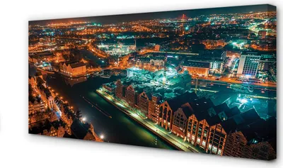 Produktbild von Leinwandbild 140x70 Wandkunst Danzig Fluss Nacht-Panorama