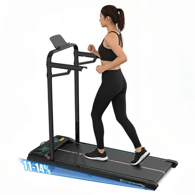 Produktbild von Laufband mit mit Handläufen Walking Pad, 1–6 km/h, 440W, 3-stufige Steigung bis 14 % bis 120 kg, selbstzentrierender Laufgurt, LED, Bluetooth