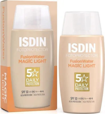 A product shot of ISDIN Fotoprotector Fusion Water Magic Light SPF50 sunscreen, shown both in its box and as a standalone bottle.