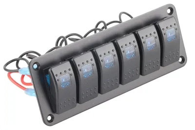 Zdjęcie produktu dla 6-pozycyjny panel przełączników kołyskowych z podświetleniem LED, wodoodporny, z zabezpieczeniem obwodu, przeznaczony do samochodów, kamperów, autobusów, łodzi, pojazdów ATV i UTV, kolor niebieski