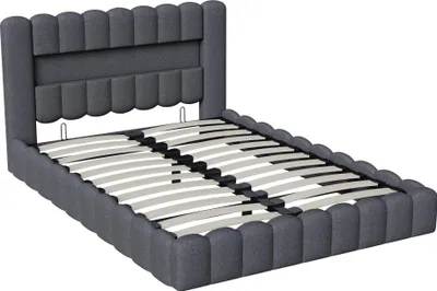 Produktbild von Stauraumbett - Bettgestell - 140x200 cm - LED-Beleuchtung - USB-Anschluss - Gepolstert - Kopfteil - Grauer Samt