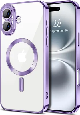 Immagine prodotto di Custodia magnetica trasparente per iPhone 16, compatibile con MagSafe, custodia protettiva galvanica con protezione della fotocamera Viola