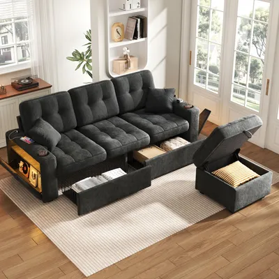 Produktbild von MODFU Multifunktionales Loungesofa aus Chenille,3-Sitzer-Polstermöbel mit USB-C, LED-Licht, Getränkehaltern und Stauraum,modernes Ecksofa,Schwarz