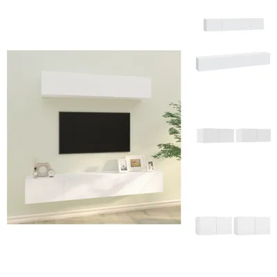 A white TV cabinet set mounted on a light green wall, with a black TV on the wall above the lower cabinet.