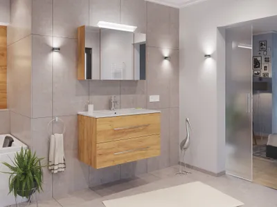 Produktbild von Badmöbel Set Firenze 90 2tlg. Spiegelschrank Softclose eiche gold : Eiche Gold