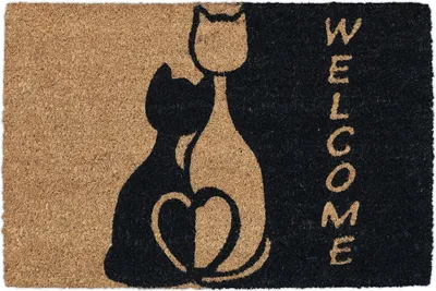 Image de Tapis d'entrée Relaxdays en fibre de coco, 60 x 40 cm, avec des chats et l'inscription « Welcome », caoutchouté, pour l'intérieur et l'extérieur, paillasson, naturel/noir
