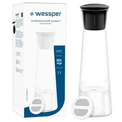 Produktbild von Wessper K1 BOROSILICATE Actitex™ Glasfilterkaraffe 1L – Borosilikatglas Karaffe für Wasser, Saft und Getränke