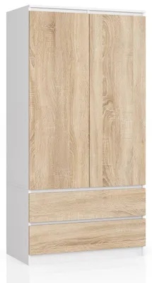 Produktbild von Kleiderschrank – Schlafzimmerschrank mit Kleiderstange – Weiß / Sonoma Eiche – 90 cm – Eleganter Drehtürenschrank mit 2 Türen und 2 Schubladen