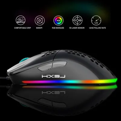 Obrázek produktu pro HXSJ J900 – kabelová herní myš s RGB podsvícením, šesti nastavitelnými rychlostmi pohybu a ergonomickým designem pro stolní počítače a notebooky, bílá