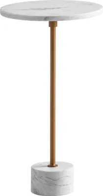 Runder Beistelltisch mit weißer Marmorplatte und zylindrischem Marmorsockel, verbunden durch goldenen Metallstab.