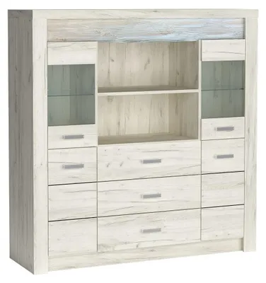 Produktbild von Masseno Kommode ZERI 137 cm Sideboard mit 3 Schubladen und 4 Türen für Wohnzimmer Schlafzimmer Modern 137x42x141,5 cm Eiche Bianco