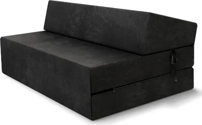 A black fold-out mattress or futon sofa is shown from a slightly elevated side angle against a white background.