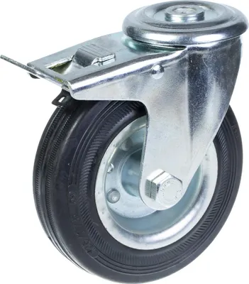 Produktbild von 125-mm-Lenk-/Bremsrolle mit schwarzem Gummi auf gepresstem Stahlmittelrad