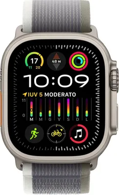 Produktbild von Apple Watch Ultra 2 GPS + Cellular 49 mm Titan mit grün/grauem Trail-Loop-Armband – Größe M/L