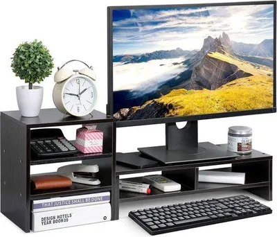 Image de Support de moniteur Famanu avec 3 étagères - Noir