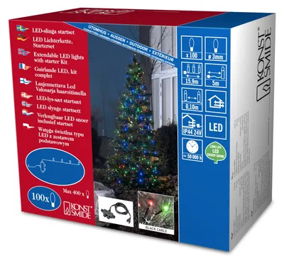 LED-Lichterkette 100 bunte Dioden 24V Außentransformator schwarz