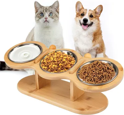 Image de Gamelle pour chat surélevée avec 3 bols en acier inoxydable et support en bois