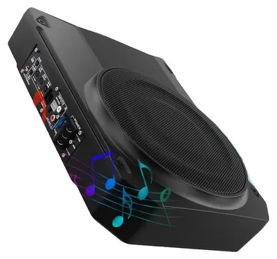 Obrázek produktu pro Aktivní subwoofer do auta, jmenovitý výkon 1000 W, napětí 12 V, impedance 2,8 Ω, frekvenční rozsah 20 Hz – 200 Hz, kompaktní rozměry