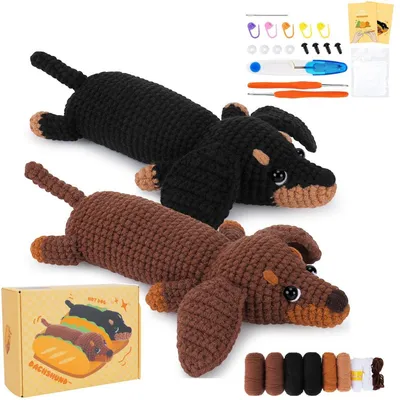 Image de Kit de crochet pour débutants, avec un motif de teckel, comprenant de la laine, un crochet, des aiguilles et un tutoriel vidéo