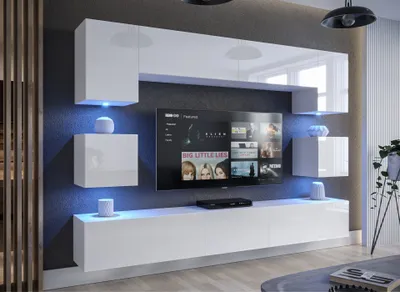Produktbild von Furnitech Wohnwand Wohnzimmer - Wohnzimmer Möbel mit LED Weiß - Hängend Wohnwand Modern - Wohnzimmer Schrankwand(Nowara AN1-17W-HG21 1B)
