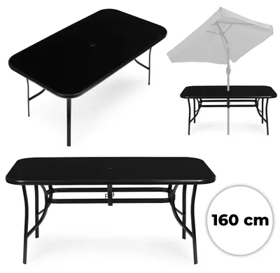 Zdjęcie produktu dla Stół ogrodowy 160x90 cm szkło hartowane otwór na parasol czarny MultiGarden