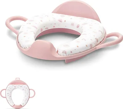 Produktbild von Lorelli Toilettensitz Rückenlehne Handgriff gepolstert, Spritzschutz, Kunststoff rosa weiß