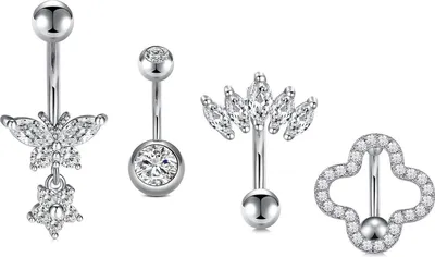 Productafbeelding van AVYRING, set van 4 buikpiercings, zilver, hart- en vlindermotief, chirurgisch staal