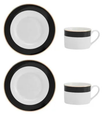 Produktbild von Mikasa Luxe Deco Set de Teetasse und Untertasse de Tee in Porzellan, 2x de Teetassen und Untertassen mit de Streifendesign, Tassen de 200ml - In Box de Geschenk und spülmaschinenfest.