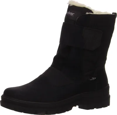 A black winter boot is shown against a white background.