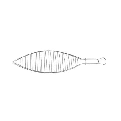 A silver wire grill stand shaped like a fish on a white background.