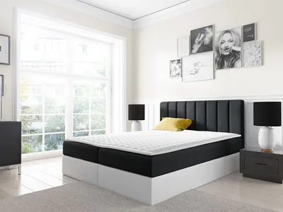 Obrázek produktu pro Kontinentální manželská postel 200x200 VICTORO - bílá  / černá + topper