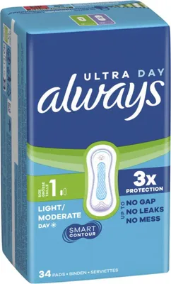 Produktbild von Always Ultra Binden Damen Gr. 1, Normal, 136 Damenbinden ohne Flügel (4 x 34 Stück) Multipack, ultradünn und super absorbierend