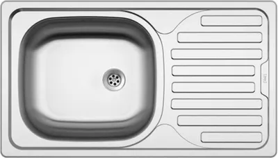A top-down view of a stainless steel kitchen sink with a drainer.