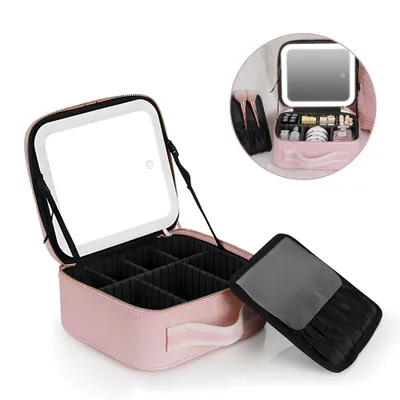 Produktbild von Reise-Make-up-Tasche mit beleuchtetem Spiegel, 3 Farblichtern, verstellbar, wiederaufladbar, Kosmetiktasche, Organizer fuer Frauen und Maedchen, mit verstellbaren Trennwaenden und Make-up-Pinselhalter