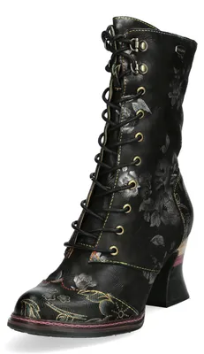 Produktbild von Laura Vita Damen Leder-Schnürstiefelette mit Blumenmuster Eleao 55, Größe:40 EU, Farbe:Schwarz