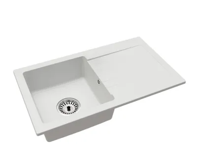 Produktbild von Granitspüle Einbecken mit Abtropffläche Leon – Weiß – Siphon in Chromfarbe