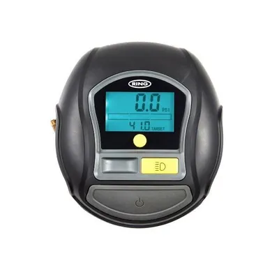 A close-up shot of a digital tire pressure gauge.