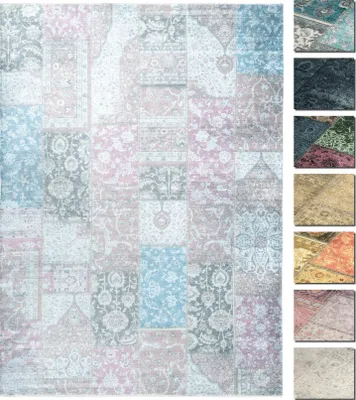 Produktbild von Kelim Patchwork Teppich Wohnzimmer Blau Rosa 120 X 160 cm, Moderner Kurzflor Teppich, Super soft, verschiedene Farben und Formen verfügbar