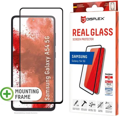 Produktbild von Displex Panzerglas (10H) für Samsung Galaxy A54 5G, Eco-Montagerahmen, Full Cover, Samsung, Galaxy A54 5G, Trockene Anwendung, Staubresistent, Kratzresistent, Schockresistent, Transparent, 1 Stück(e)