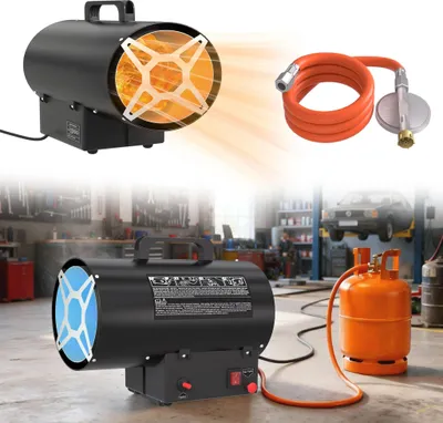 A collage showing a black gas heater with orange heating elements and a blue grate, a coiled orange hose with a regulator, and a black gas heater connected to an orange propane tank in a garage setting.