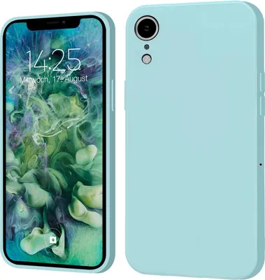 A light blue iPhone XR case is shown from the front and back.
