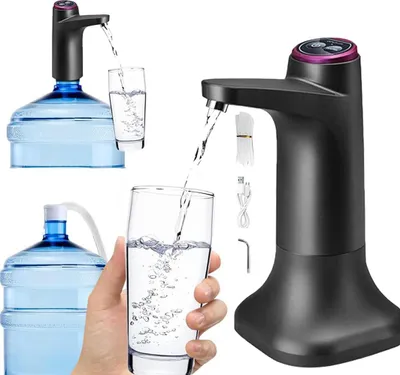 Produktbild von Elektrischer Wasserspender mit doppeltem Verwendungszweck und Standfuß, automatische Trinkwasserflaschenpumpe mit universellem USB für Camping, Büro und Zuhause (schwarz)